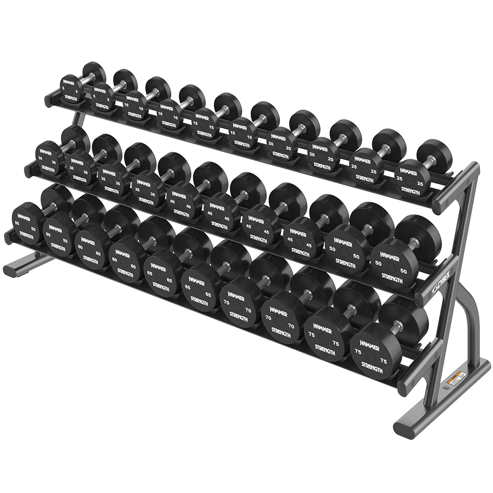 Cybex Ion Series 3-Tier Long Saddle Dumbbell Rack (5-75) loaded with Hammer Strength dumbbells 5-75 lbs.