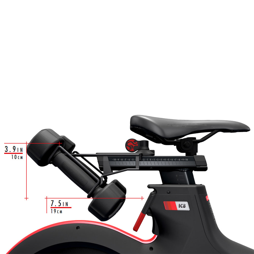 Indoor Cycling Dumbbell Holder on IC8, profile view with measurements