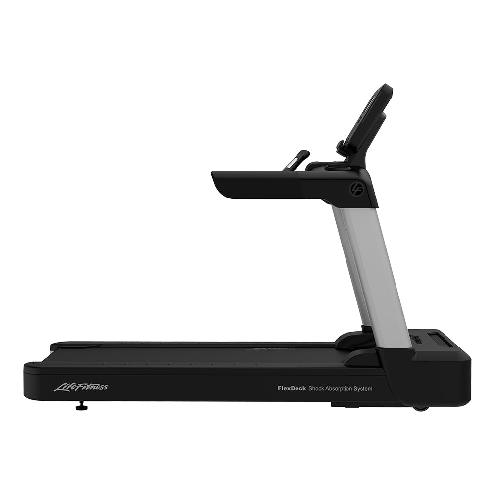 Integrity Treadmill, Simple Base: Arctic Silver, SE3HD touchscreen console - Side Profile