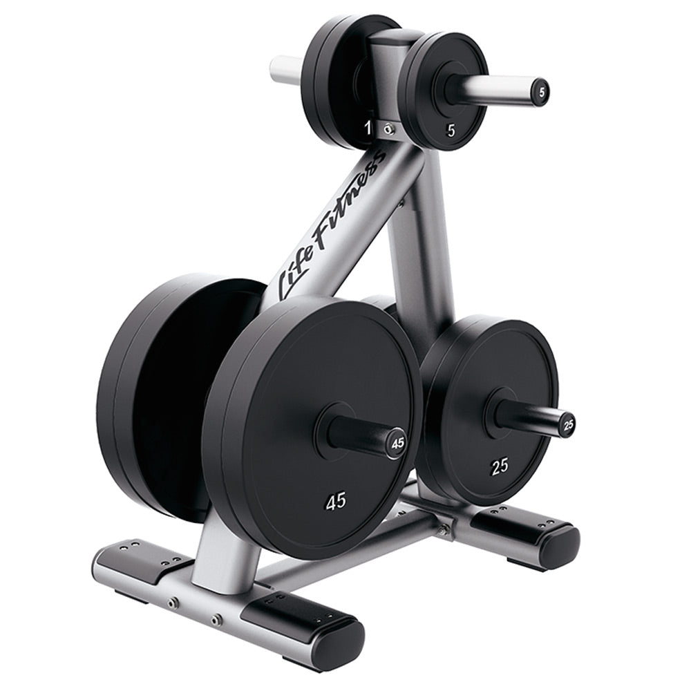 Life Fitness Signature Olympic Weight Tree with platinum frame and black logo holding weight plates