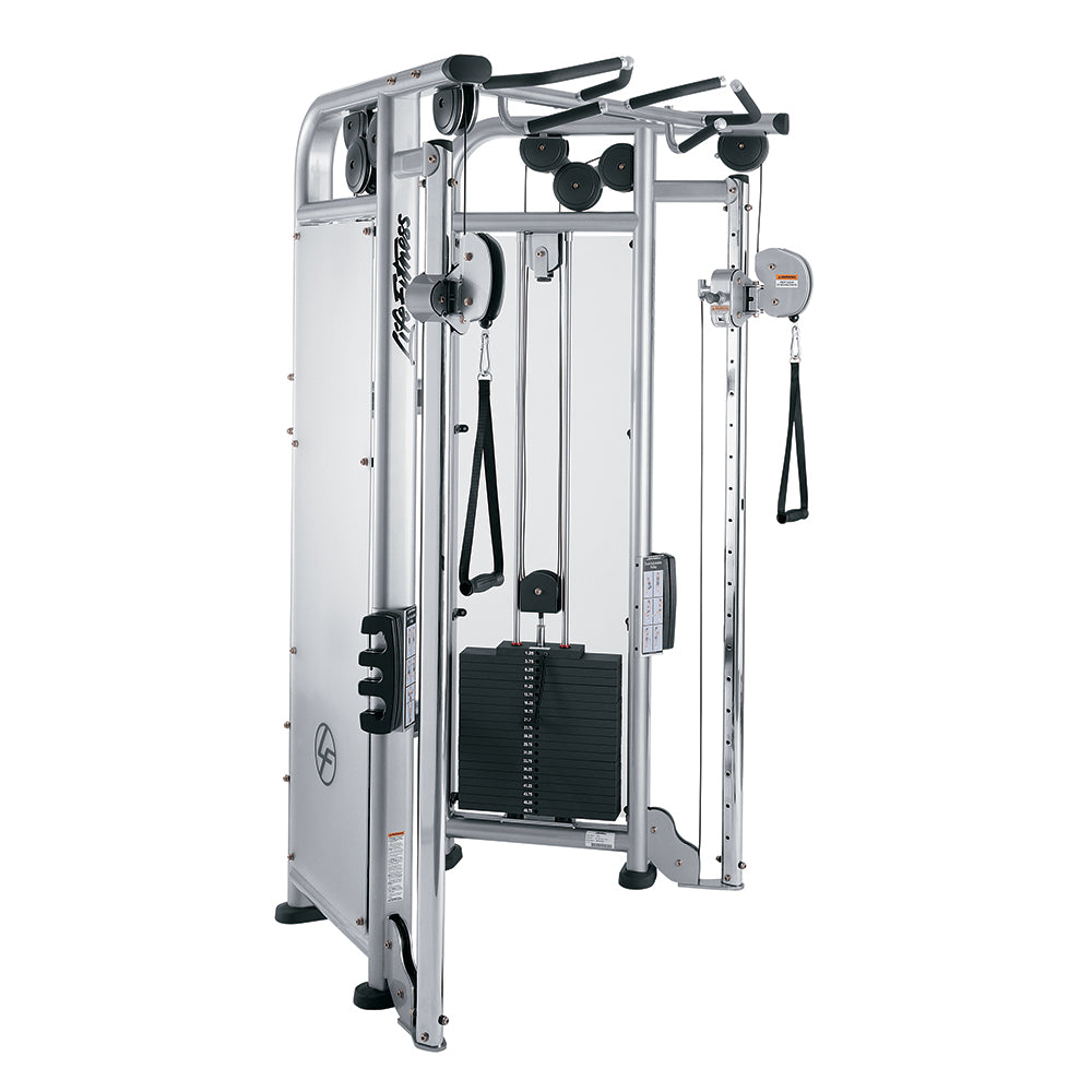 Life Fitness Dual Adjustable Pulley functional trainer with platinum frame and attachments hanging, side profile