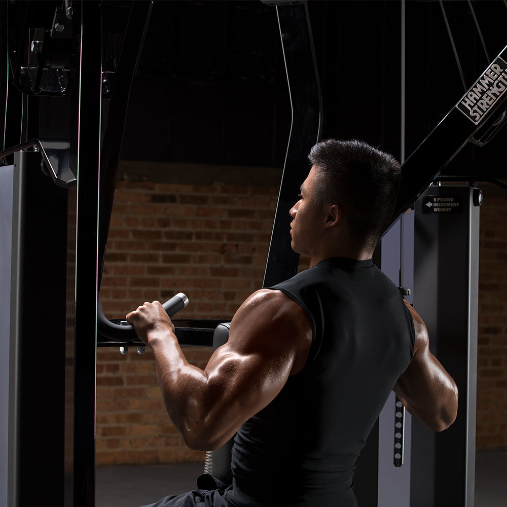 Exerciser using MTS High Row Hammer Strength Machine
