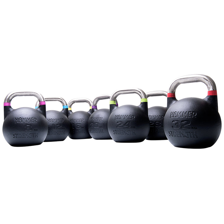 Lined up Hammer Strength Competition Kettlebells