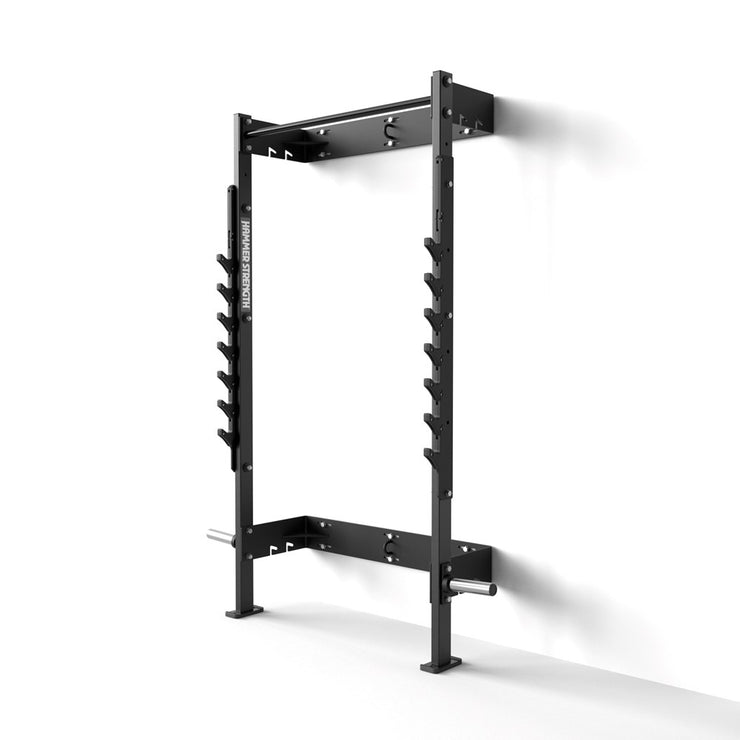 Hammer Strength Home Squat Rack mounted on white wall