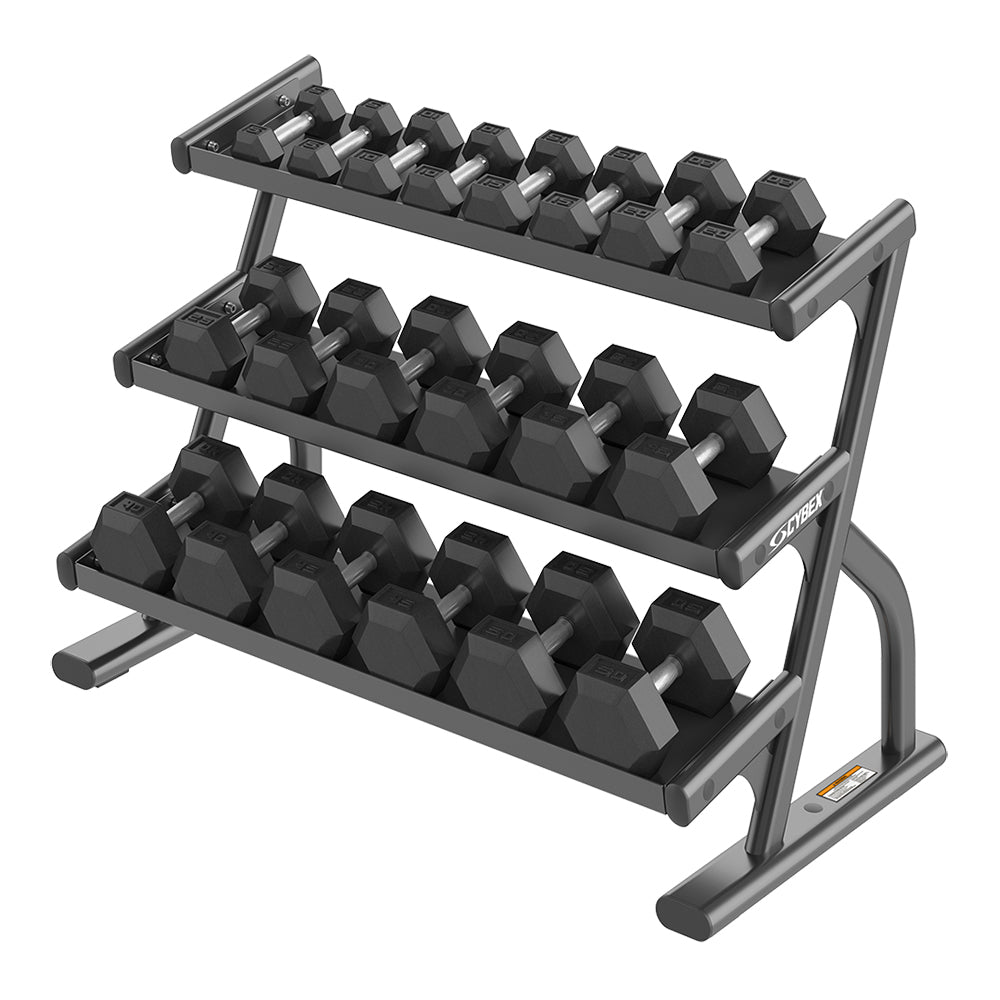 Cybex Ion Series 3-Tier Hex Dumbbell Rack (5-50) with various weights of hex dumbbells 5-50 lbs.