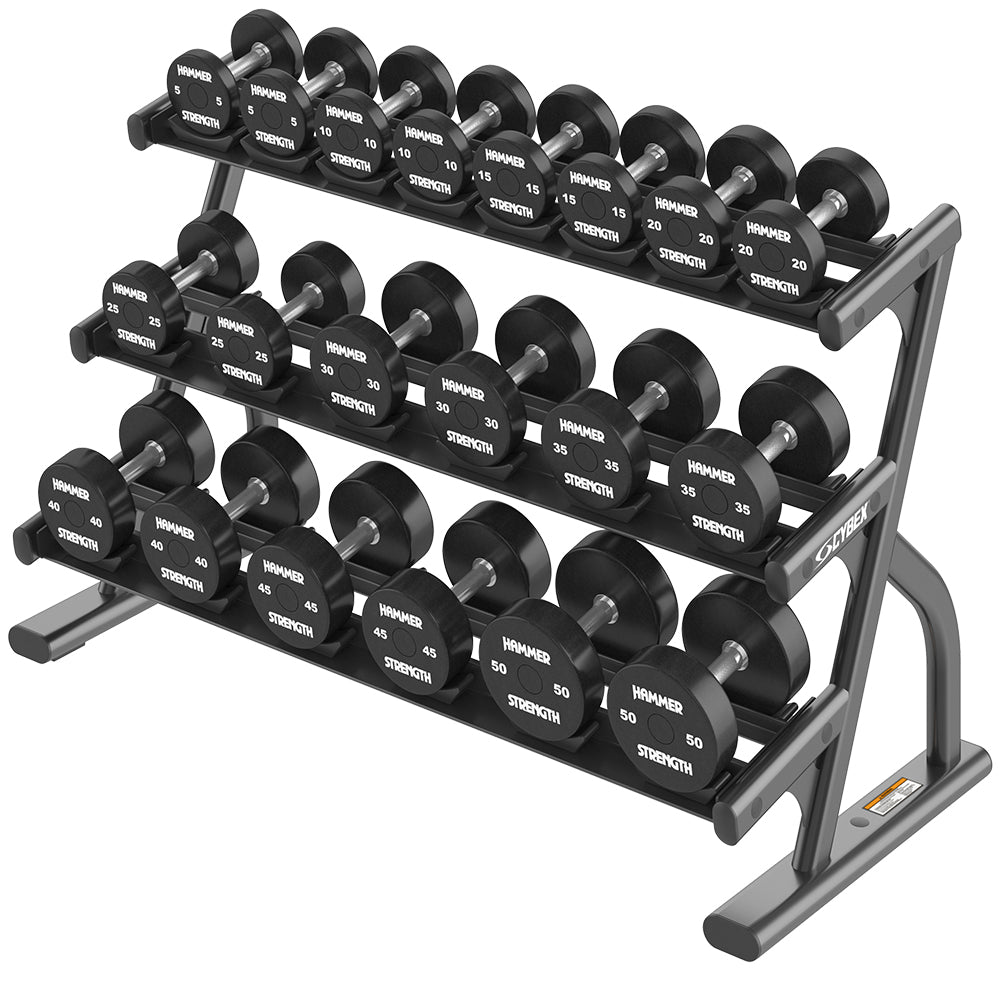 Cybex Ion Series 3-Tier Short Saddle Dumbbell Rack (5-50) with various dumbbell weights Hammer Strength 5-50 lbs.