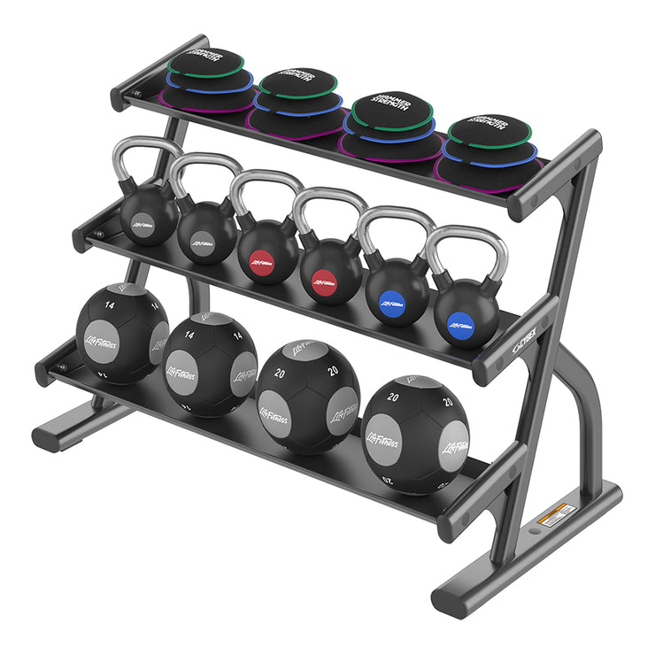 Cybex Ion Series 3-Tier Accessory Rack with kettlebells, slam balls, and slam bells in various sizes