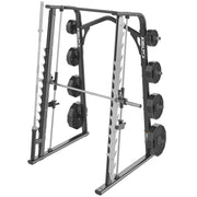 Cybex Ion Series Smith Rack shown with set of Hammer Strength 12-sided plates