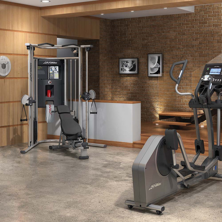 G7 Home Gym With Optional Bench shown next to a Life Fitness elliptical at home gym