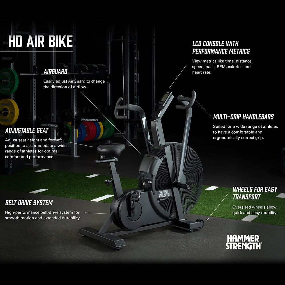 HD Air Bike key features: Airguard, LCD Console, Adjustable Seat, Belt Drive System, Mulit-Grip Handlebars, Wheels