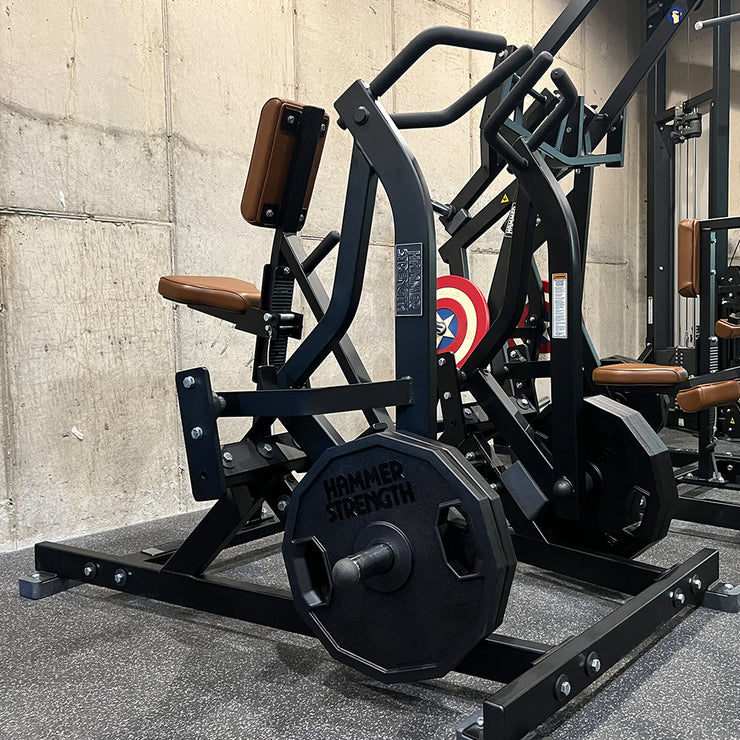 Hammer Strength Plate-Loaded Iso-Lateral Row in Home Gym, Black Frame and Wheat Upholstery