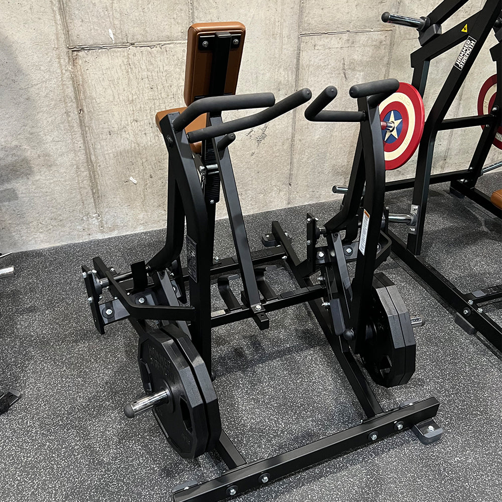 Hammer Strength Plate-Loaded Iso-Lateral Row in Home Gym, Black Frame and Wheat Upholstery - Front view