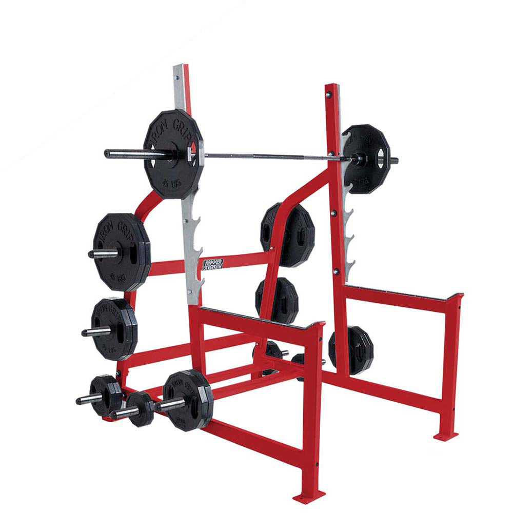 Hammer Strength Olympic Squat Rack - Outlet | Red, shown with plates