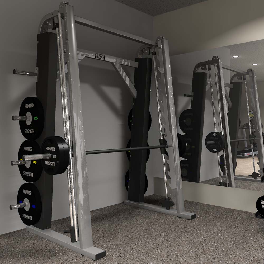 Hammer Strength Smith Machine, shown in platinum frame with plates on the bar