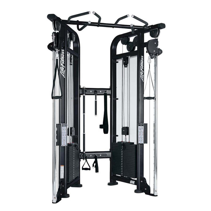 Life Fitness Dual Adjustable Pulley functional trainer with charcoal frame and attachments hanging