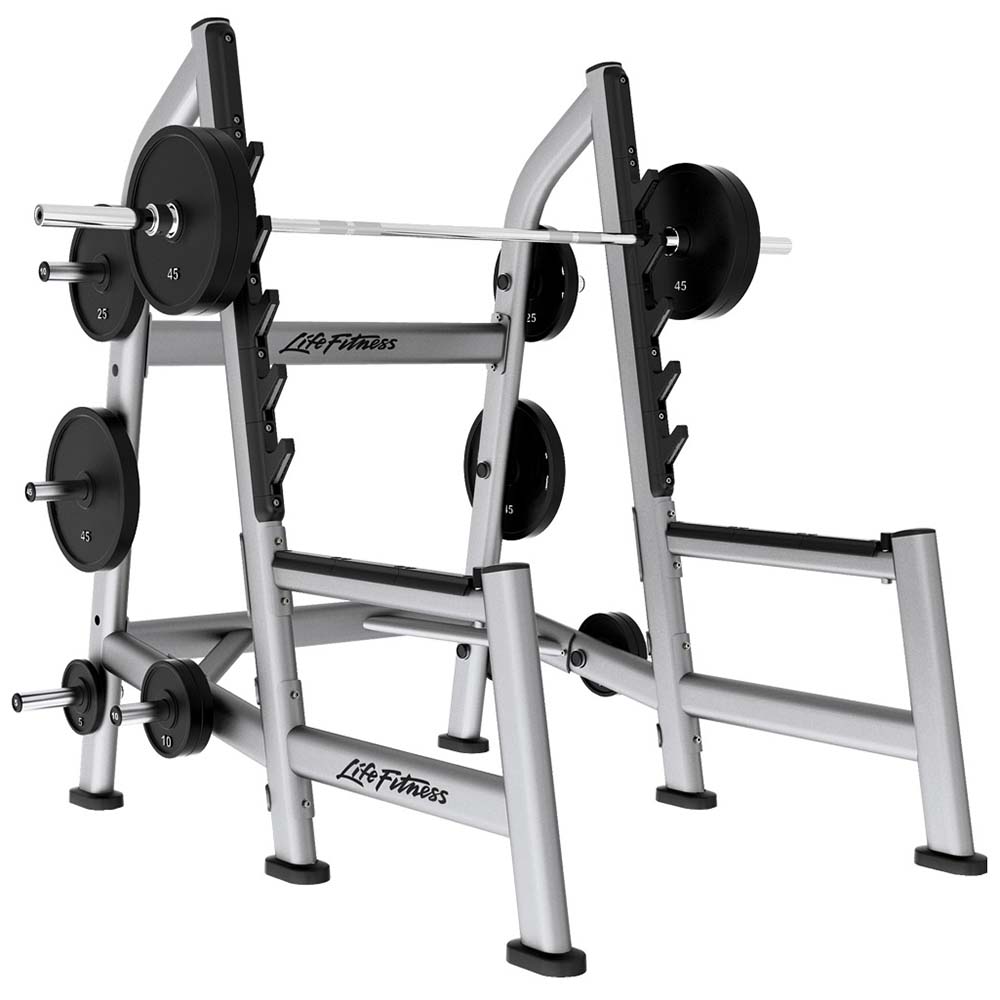 Signature Olympic Squat Rack with platinum frame and black Life Fitness logo holding barbell and plates