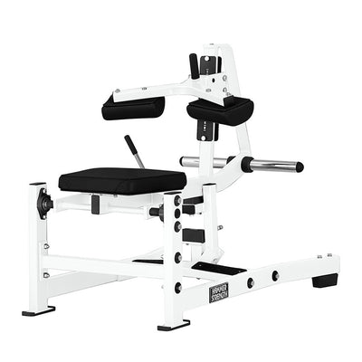 Hammer Strength Plate-Loaded Calf Raise; White Frame, White Work Arm, Black Upholstery - Outlet