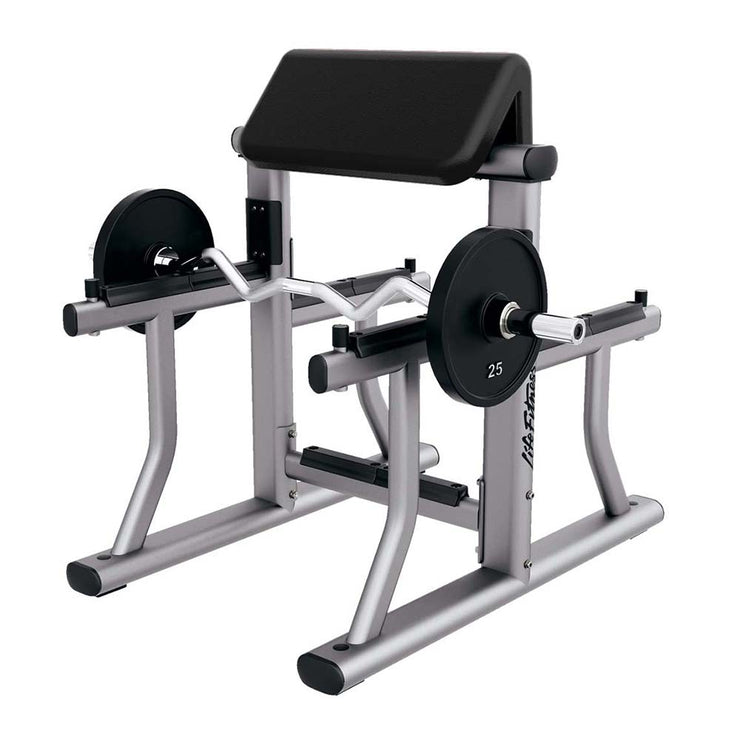 Life Fitness Signature Arm Curl Bench with platinum frame / black upholstery, logo with barbell