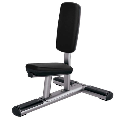 Life Fitness Utility Bench with platinum frame and black upholstery on seat and back pad
