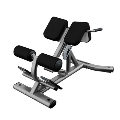 Life Fitness Signature Back Extension with platinum frame, black upholstery, and logo in the front