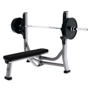 Life Fitness Signature Olympic Flat Bench, platinum frame / black upholstery, with barbell with plates